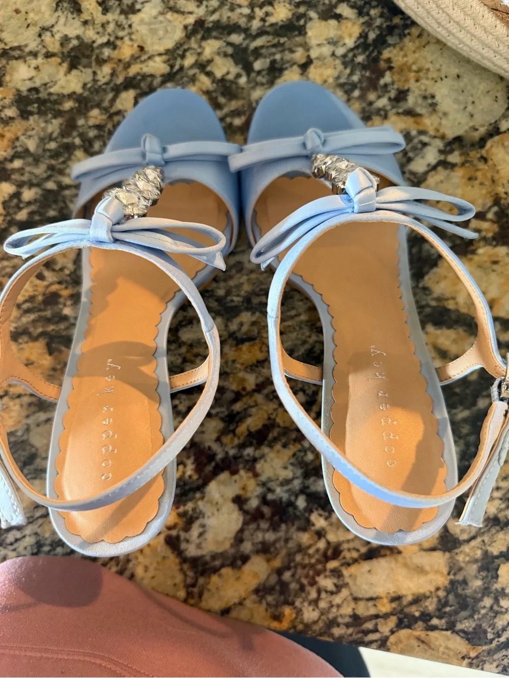 Copper Key Light Blue Satin T-Strap Heels with Crystal Accents
